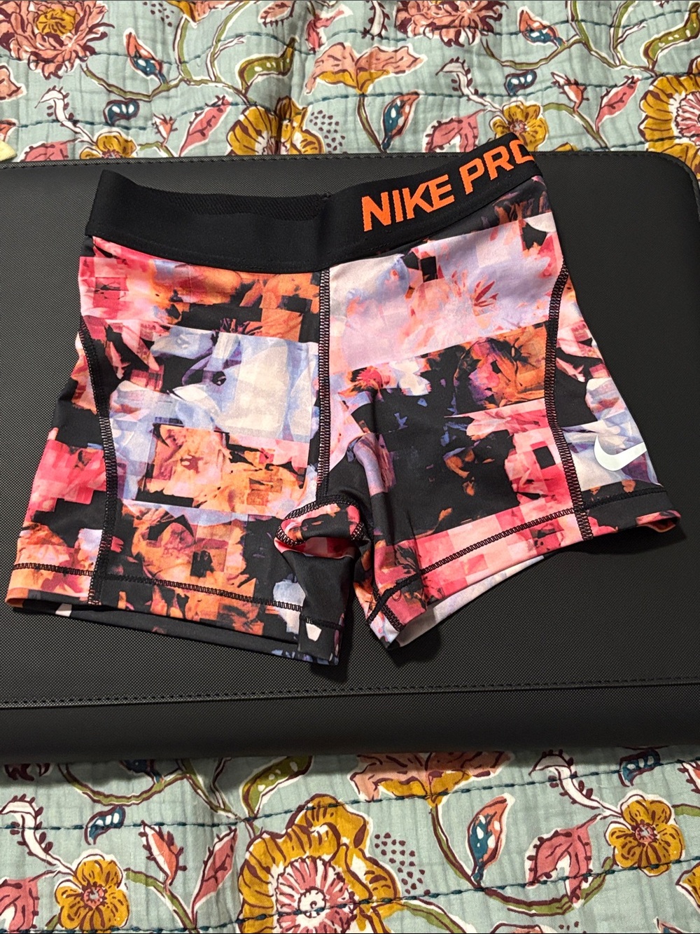 Nike Pro Women's Multicolor Floral Bike Shorts - Black & Pink Accents